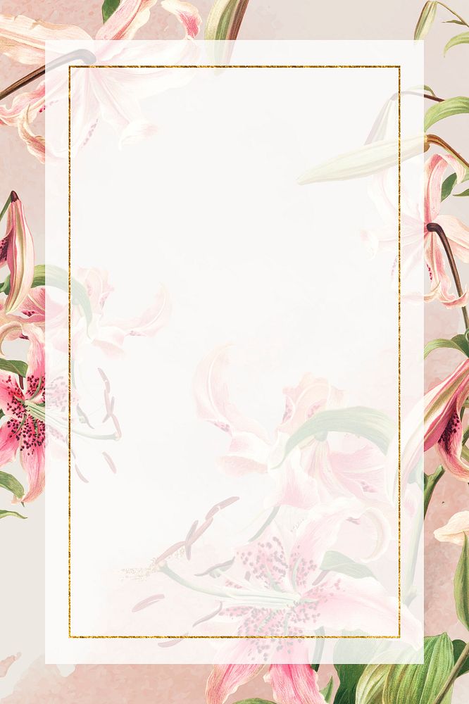 Vintage pink lilies border frame illustration, remix from artworks by L. Prang & Co.