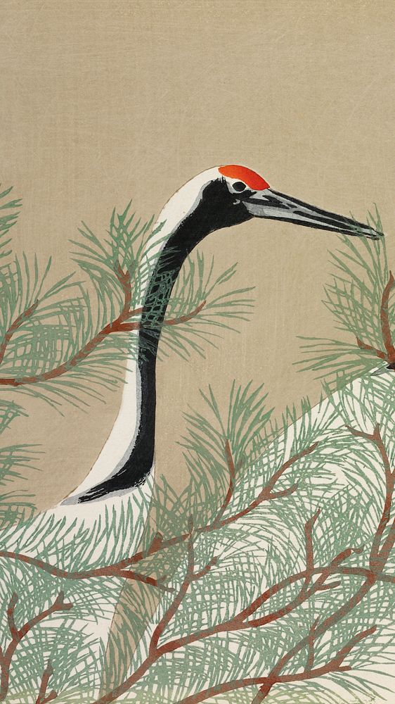 Vintage crane mobile wallpaper, iPhone background, Cranes from Momoyogusa, remix from the artwork of Kamisaka Sekka