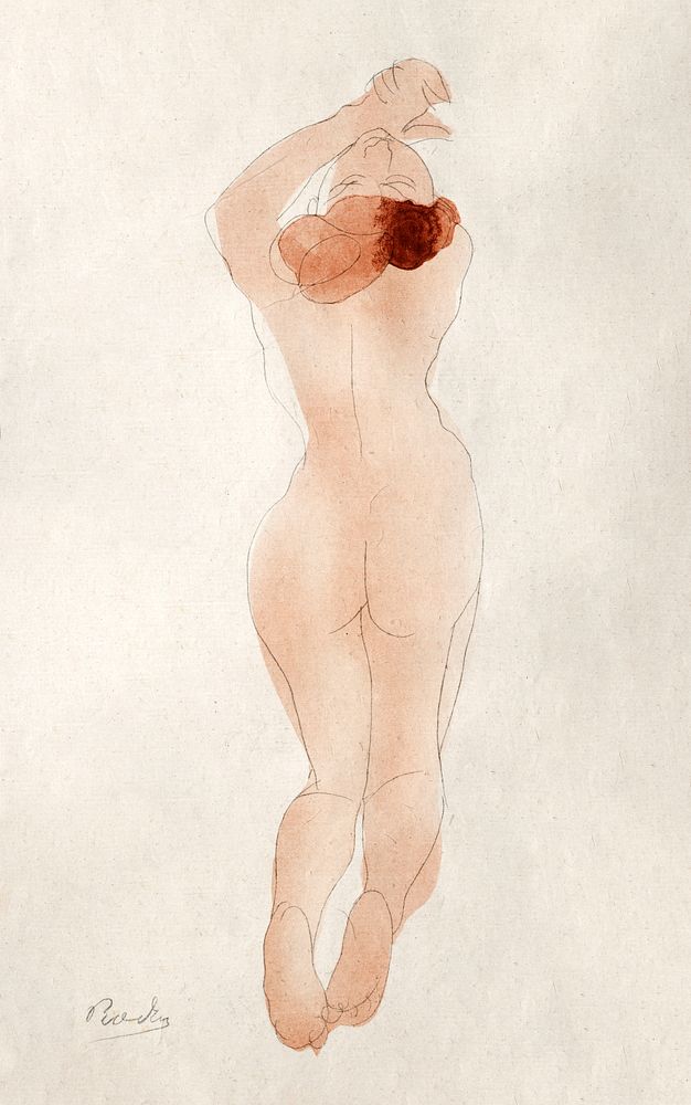 Naked woman showing off her bum, vintage nude illustration. Caresse: moi danc, ch&eacute;ri by Auguste Rodin. Original from…