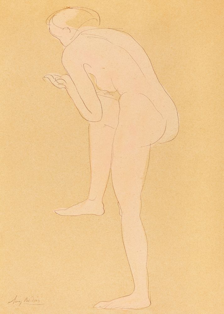 Naked woman bending over, vintage nude illustration. Figure Bending Forward with Right Knee Raised by Auguste Rodin.…