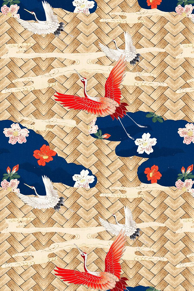 Traditional Japanese bamboo weave with crane pattern, remix of artwork by Watanabe Seitei