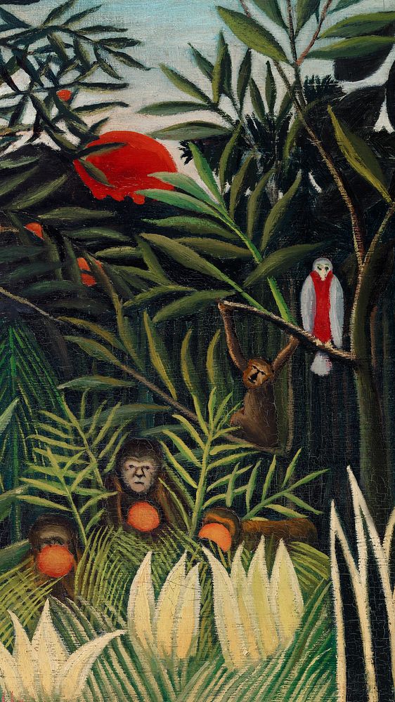 Rousseau mobile wallpaper, phone background, Monkeys and Parrot in the Virgin Forest