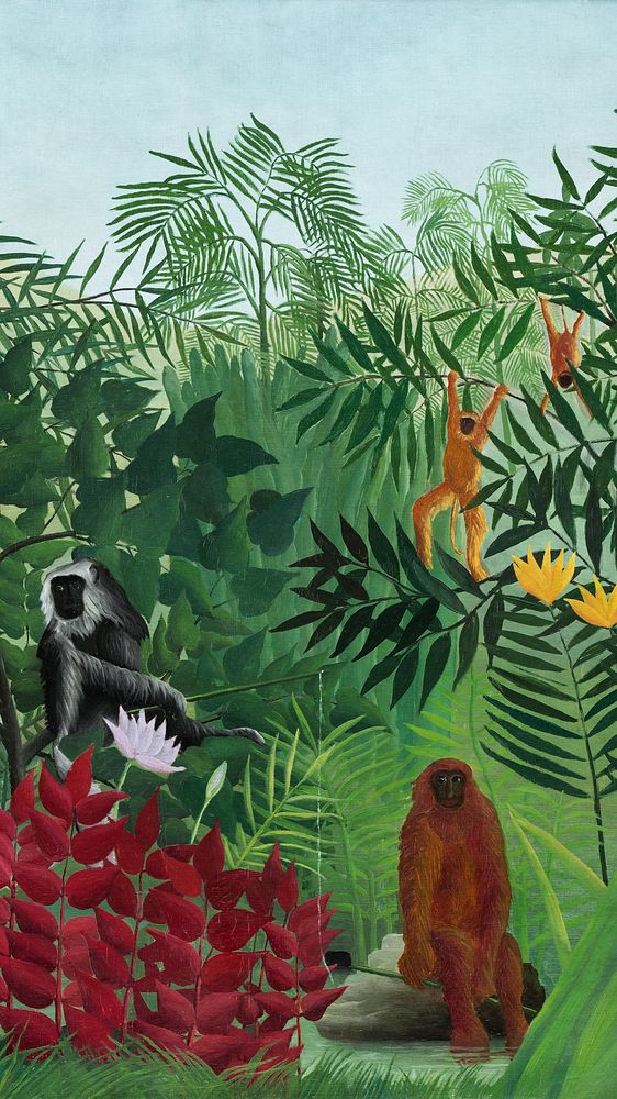 Rousseau mobile wallpaper, phone background, Tropical Forest with Monkeys