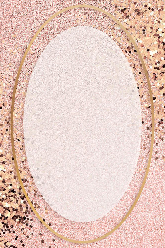 Gold shimmering oval frame design element on a pink background