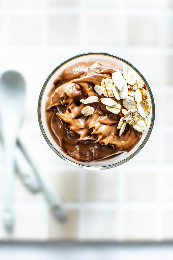 Homemade organic avocado chocolate mousse in a bowl