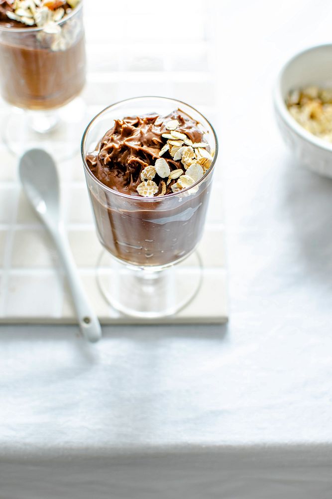 Homemade organic avocado chocolate mousse in a glass