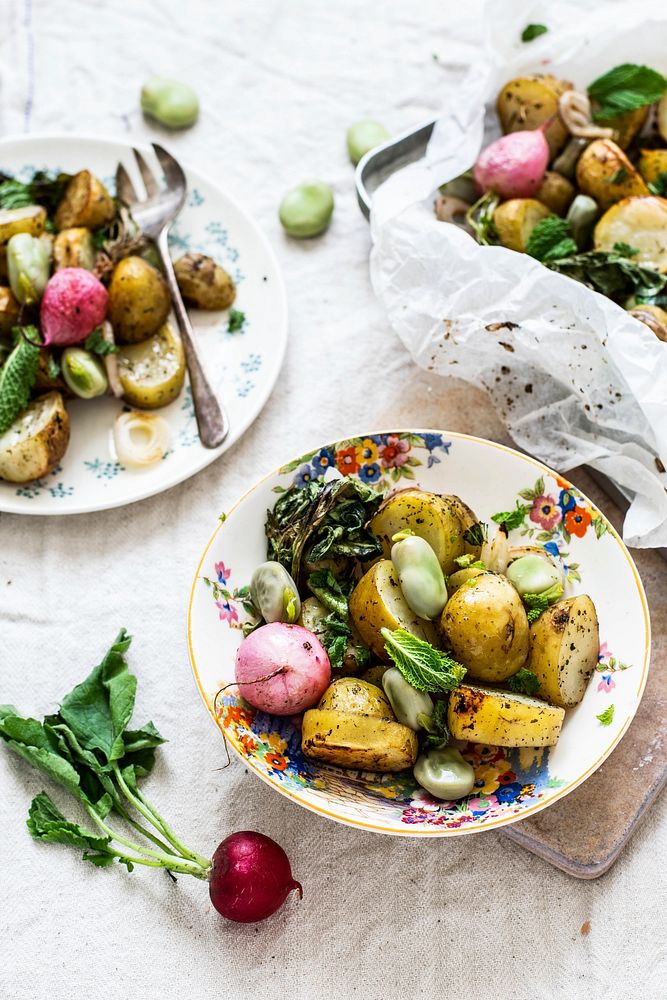 Baked vegetables salad with cooked broad bean food photography aerial view