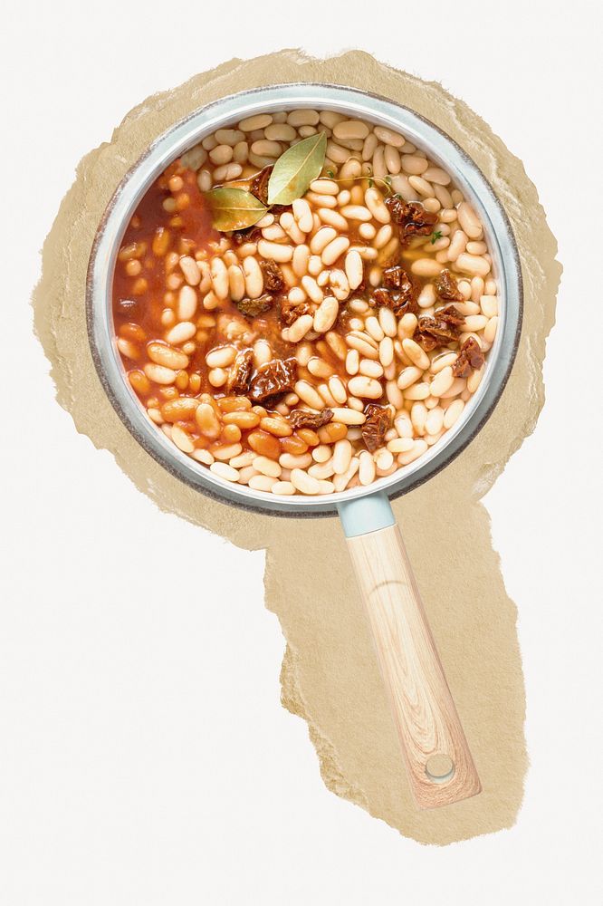 White beans in tomato sauce, healthy food on ripped paper