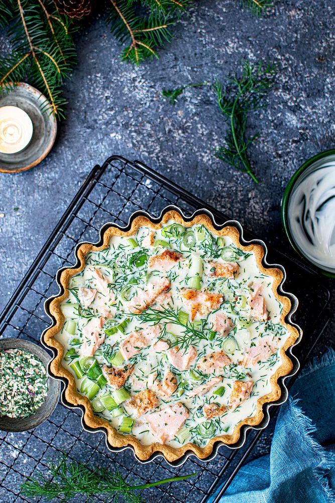 Homemade potato salmon tart with fresh dill