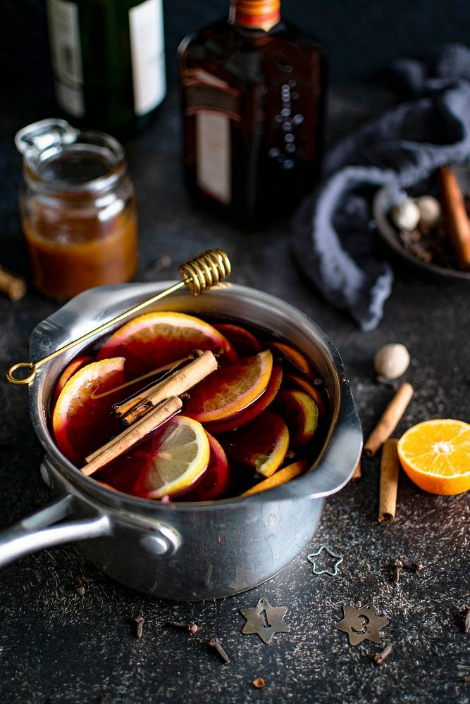 Festive holiday mulled wine in a pot