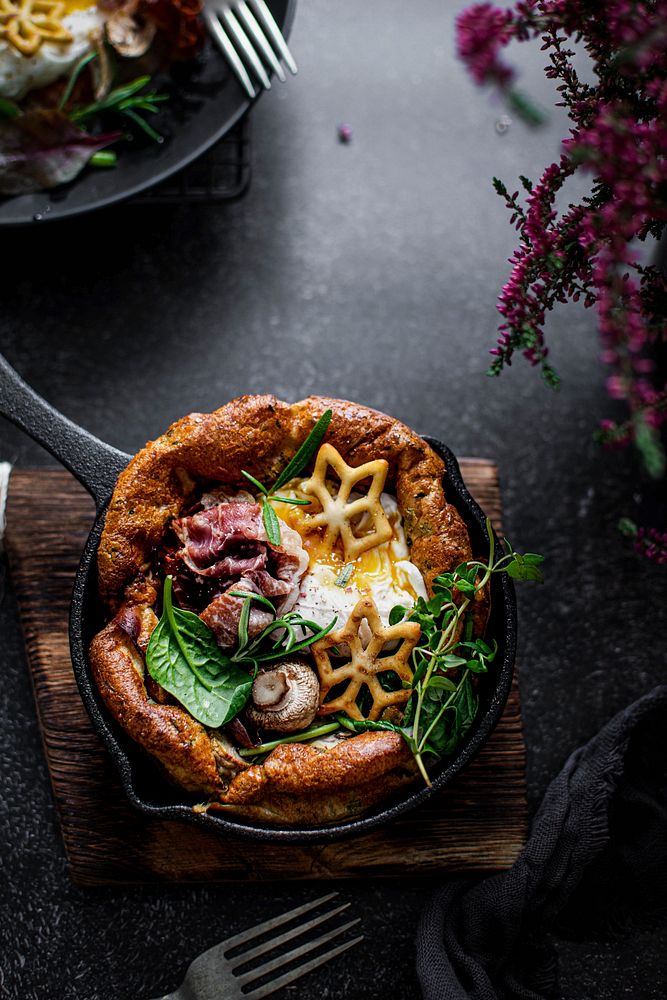 Dutch baby pancake with poached egg and prosciutto ham recipe
