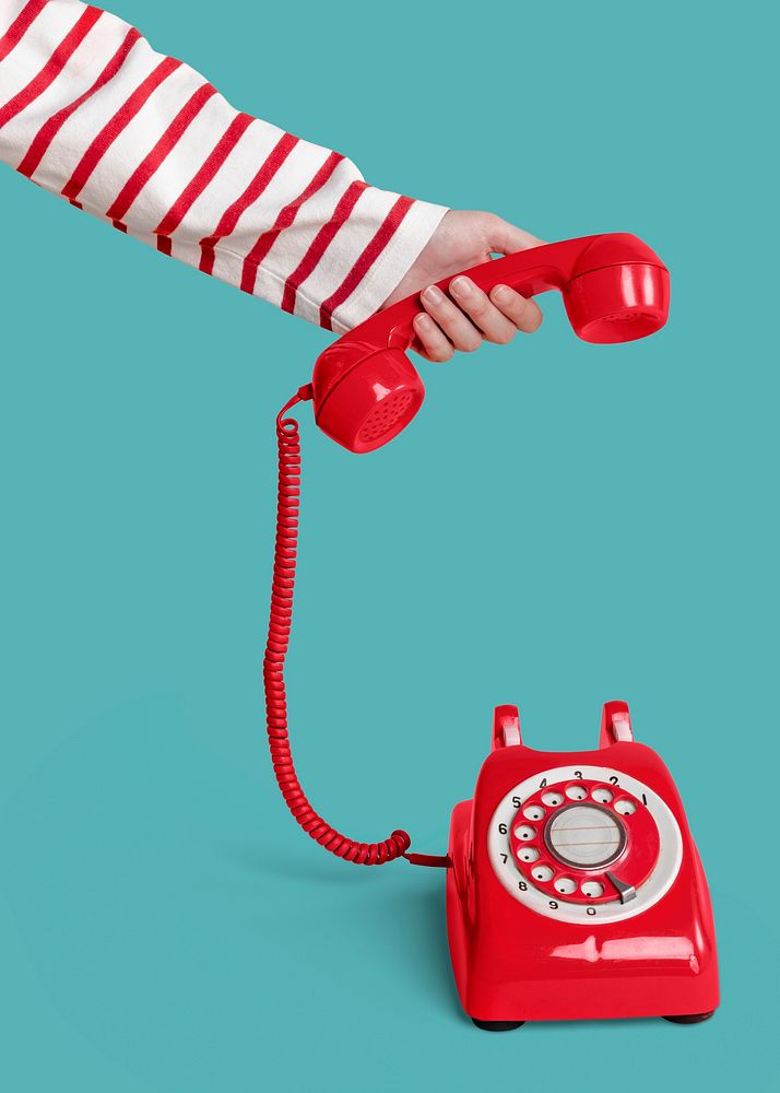 Woman answering an old retro telephone mockup 