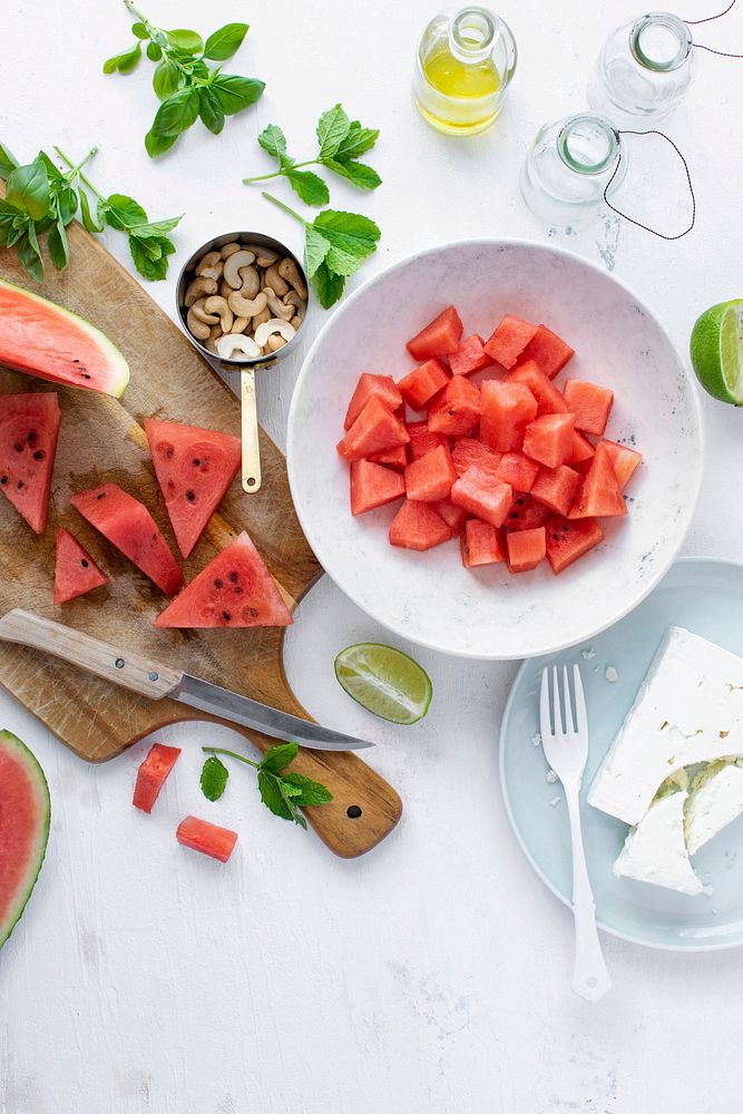 Watermelon salad recipe ingredient top view