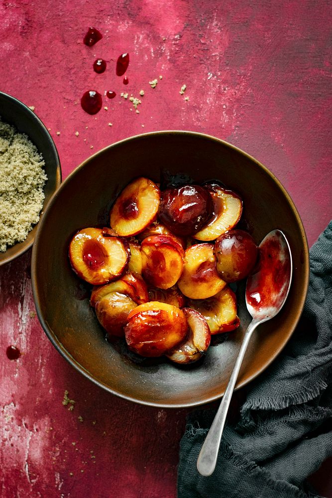 Roasted plums with brown sugar flat lay