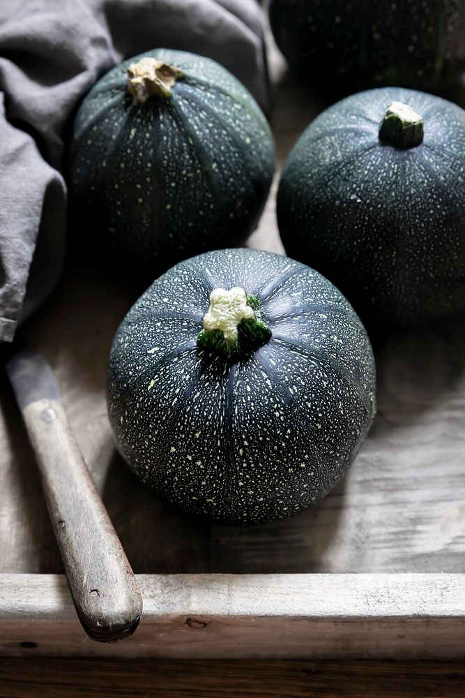 Organic round zucchini in wooden box