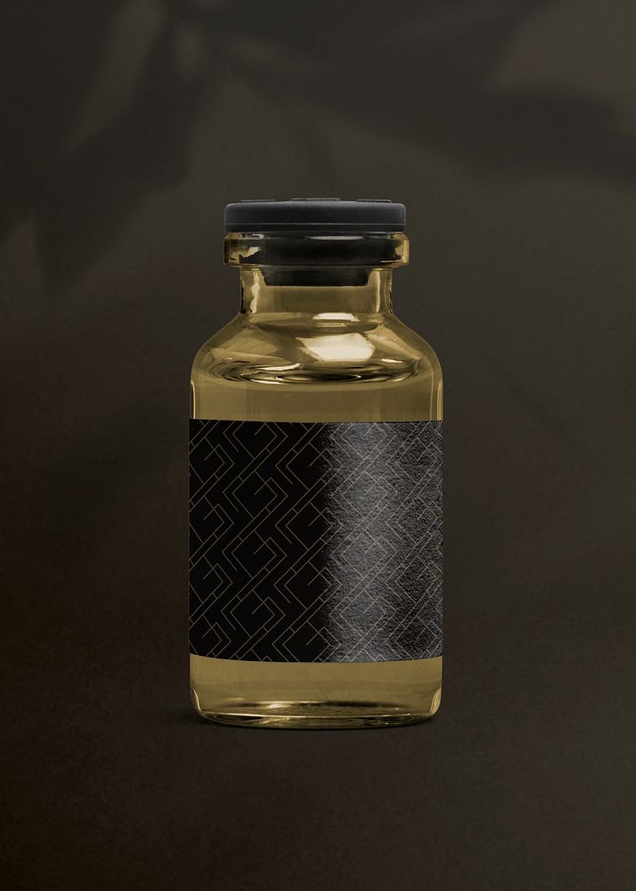 Vitamin injection glass bottle with luxurious black label for health and wellness product packaging