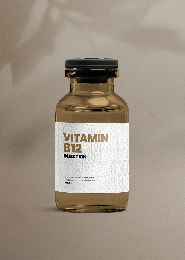 Vitamin B12 injection amber glass bottle with luxurious label for health and wellness product packaging