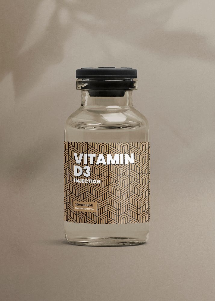Vitamin D3 injection glass bottle with luxurious label for health and wellness product packaging