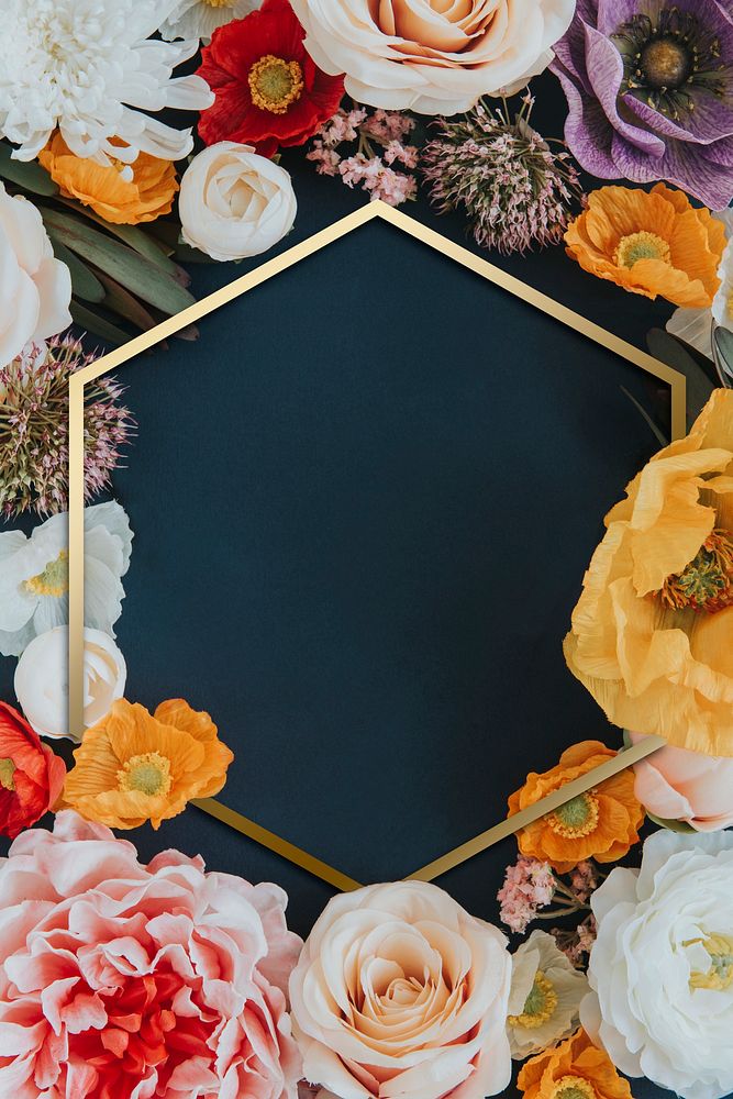 Golden colorful floral hexagon frame