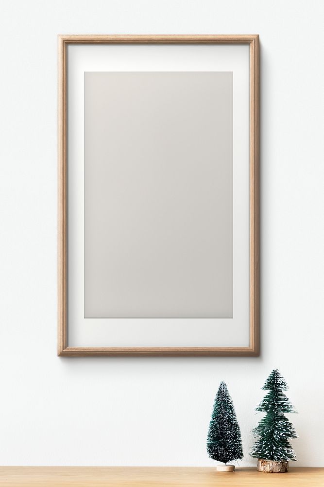 Interior wooden frame mockup with Christmas tree decorations