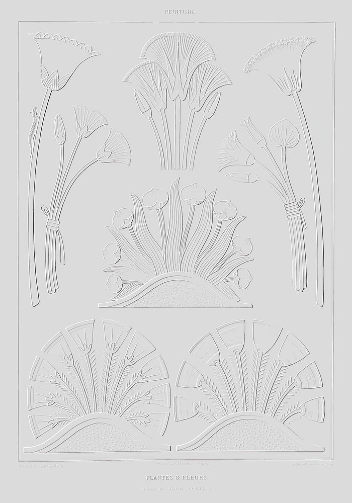 Embossed Egyptian plants and flowers vintage wall art print poster design remix from original artwork.