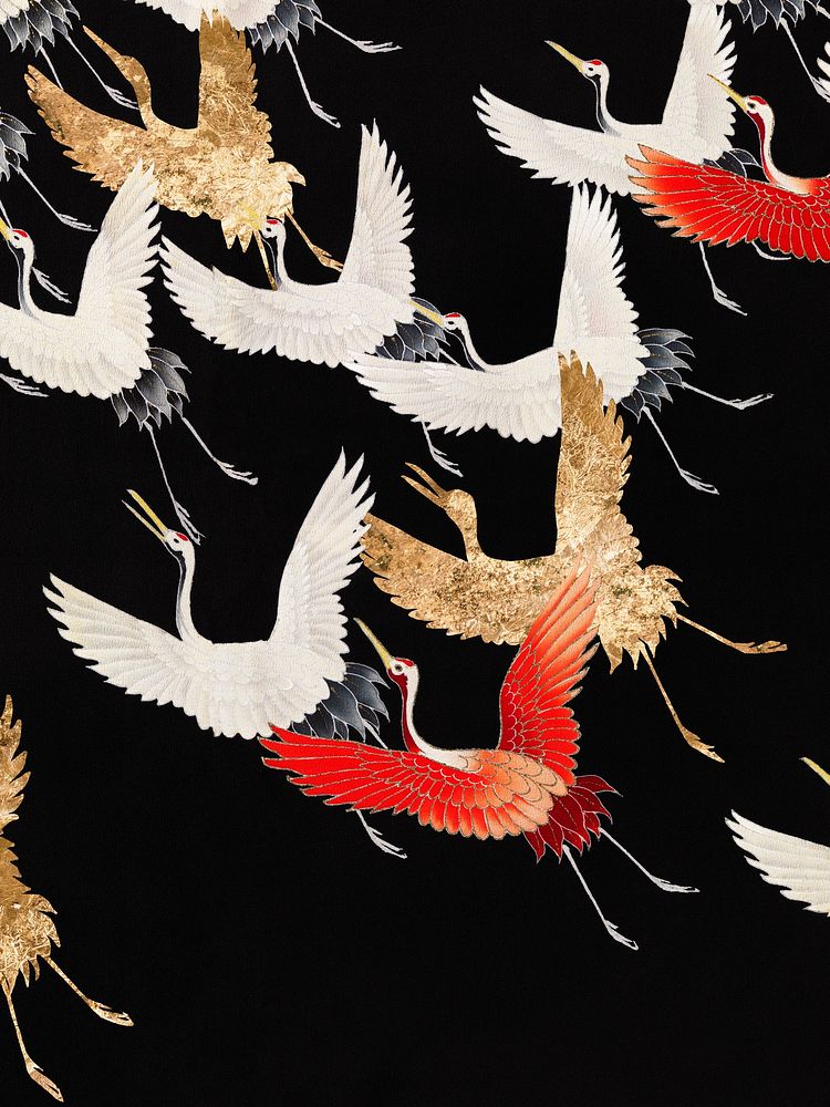 Japanese flying cranes vintage illustration, remix from original artwork.