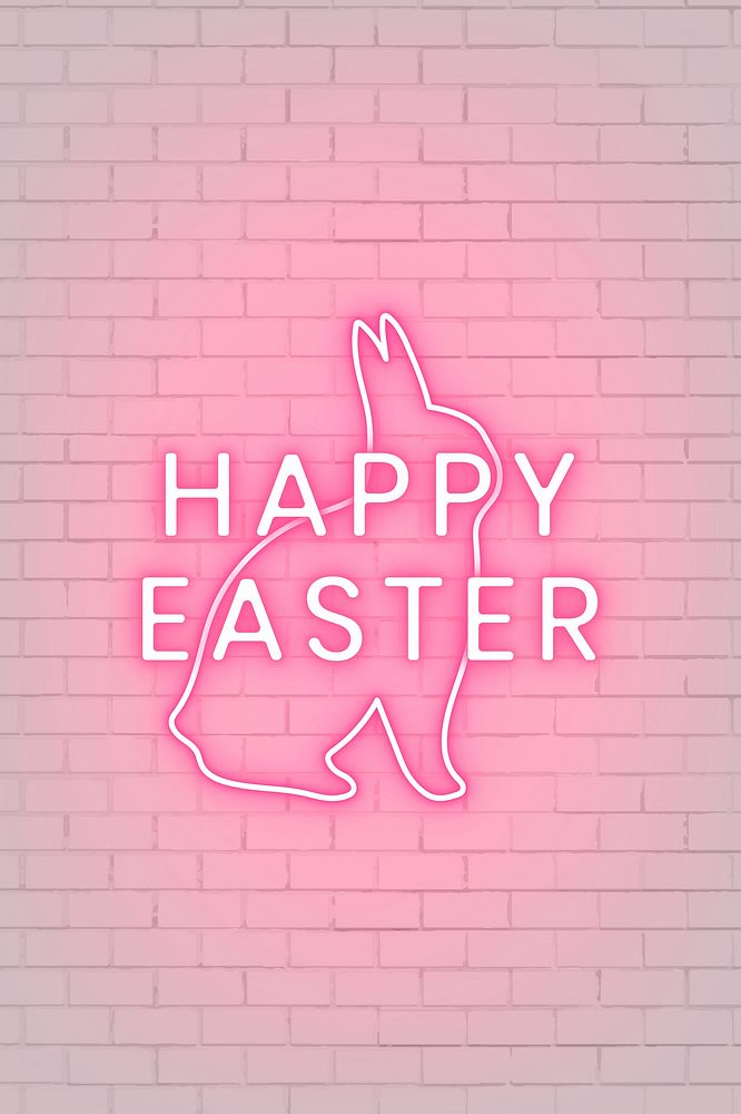 Pink happy Easter sign with bunny neon light on a white brick wall vector