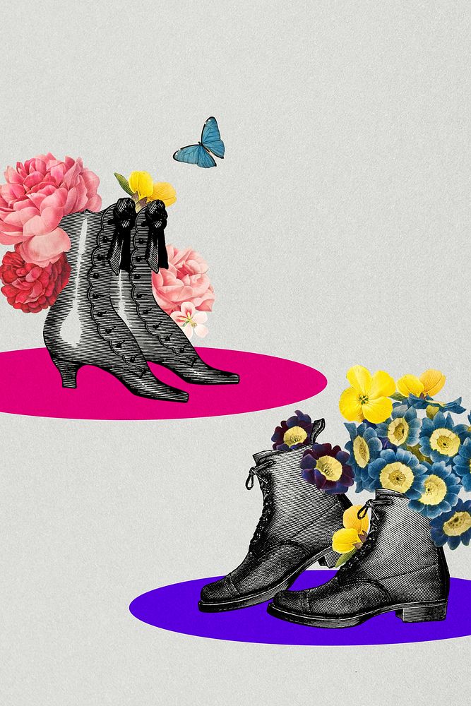 Vintage pairs of shoes with flowers physical distancing concept illustration 