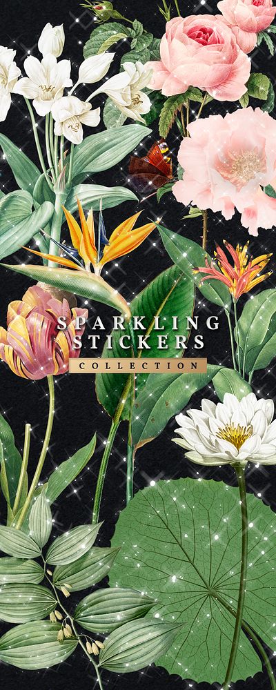 Sparkling tropical flower sticker collection banner