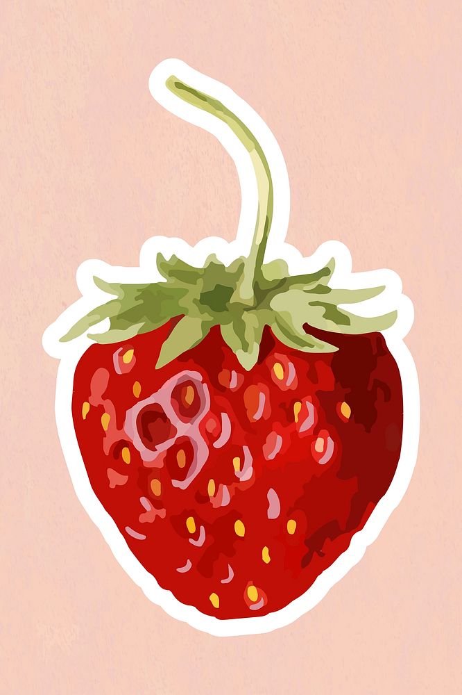 Vectorized strawberry fruit sticker overlay with a white border on a pink background