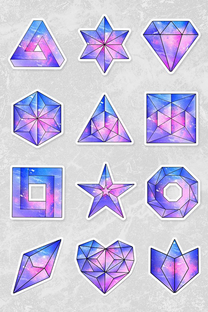 Galaxy patterned pink and purple geometrical shaped sticker set