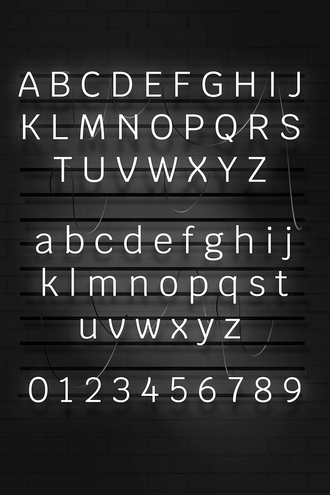 White neon alphabet and number set on a black background vector