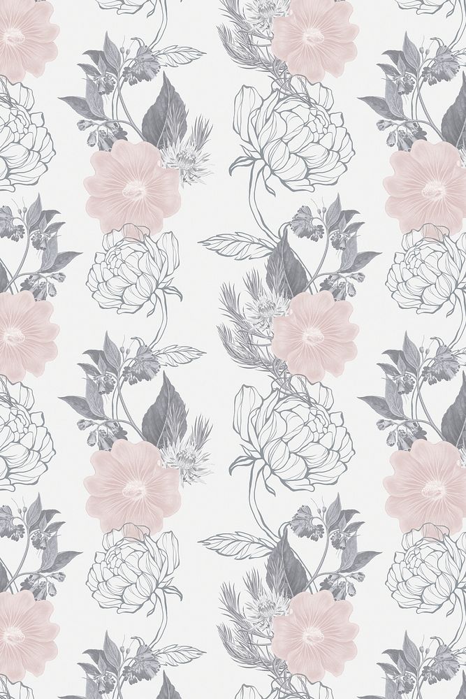 Hand drawn dull pink and gray flower pattern on an off white background