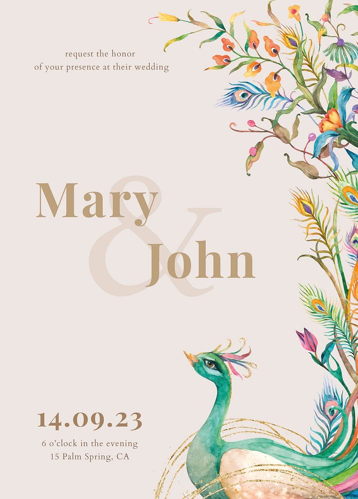 Editable invitation card template vector with watercolor peacocks and flowers illustration