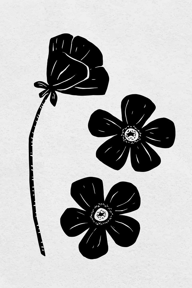 Vintage blooming flower vector black linocut hand drawn