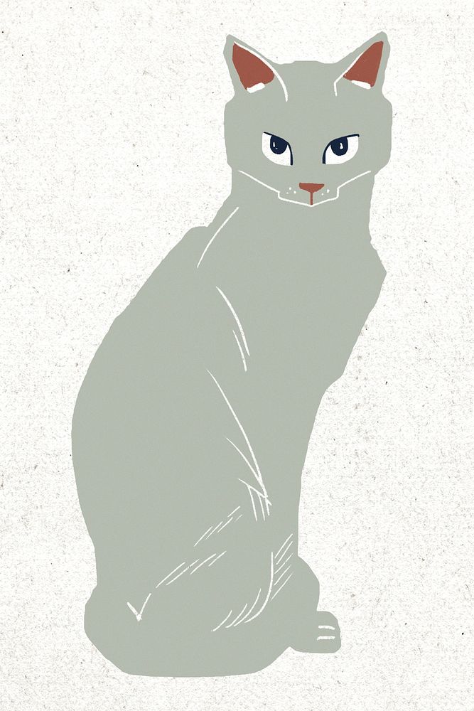 Vintage gray cat animal linocut drawing