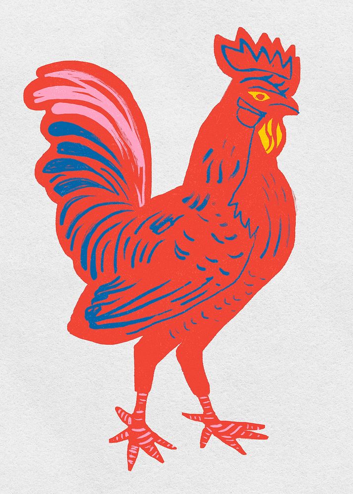 Vintage red rooster psd linocut animal clipart