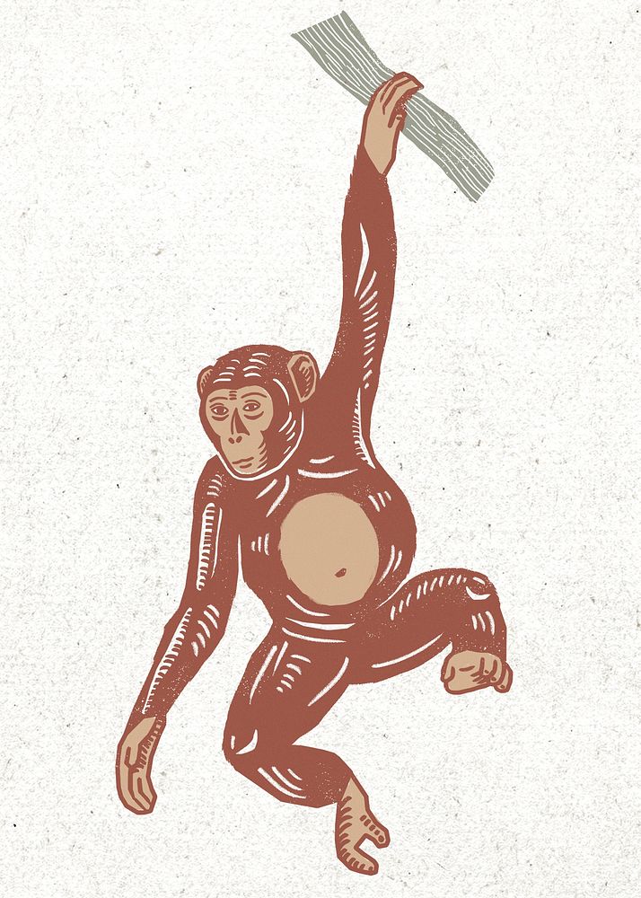 Brown monkey vintage linocut drawing