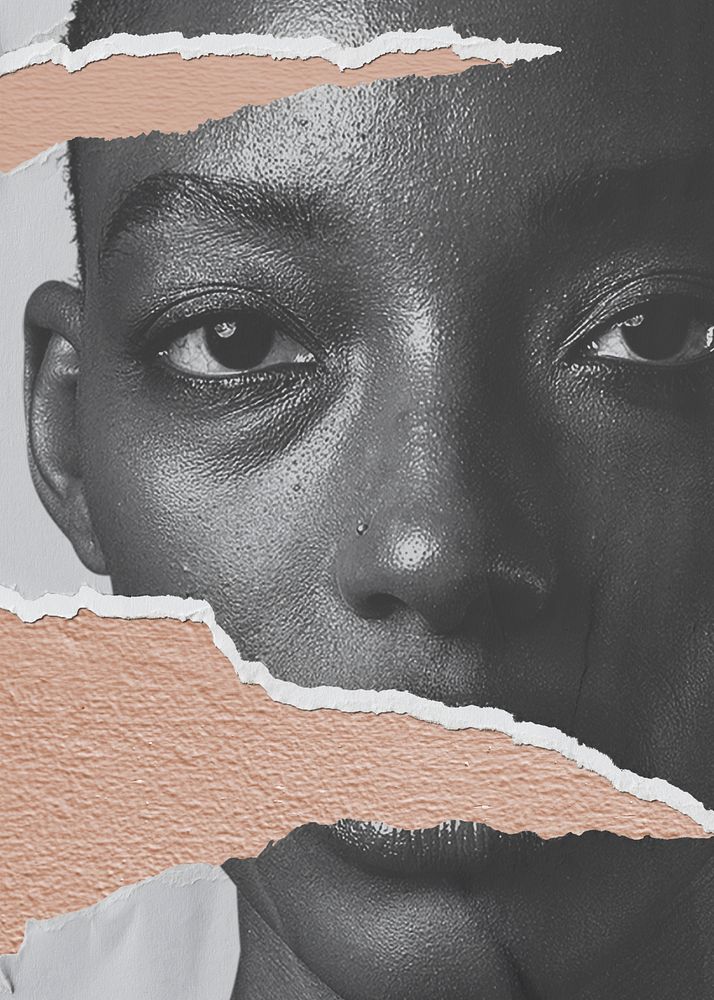 Artsy portrait closeup of African woman on ripped paper media remix