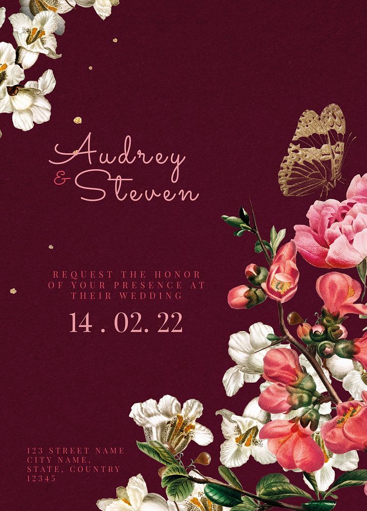 Editable vector red Valentines floral invitation card template in vintage style
