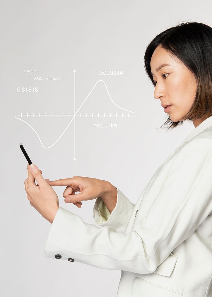 Futuristic digital graph presentation by a businesswoman in white suit
