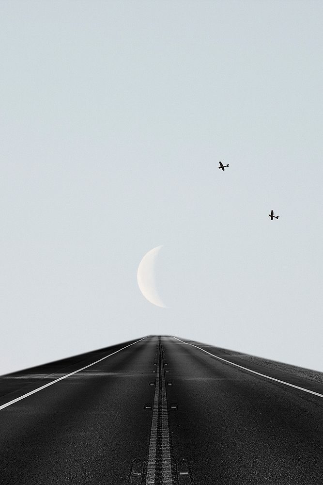 Abstract background psd of road to the moon with birds flying
