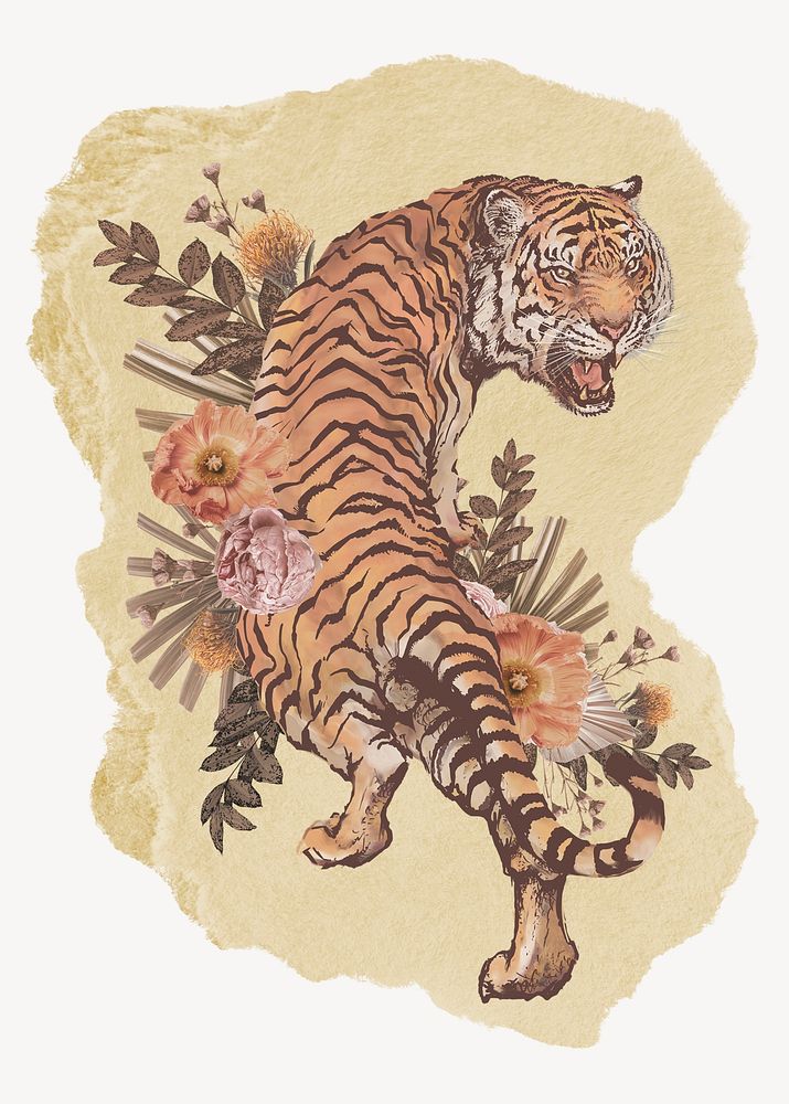Roaring tiger, ripped paper collage element