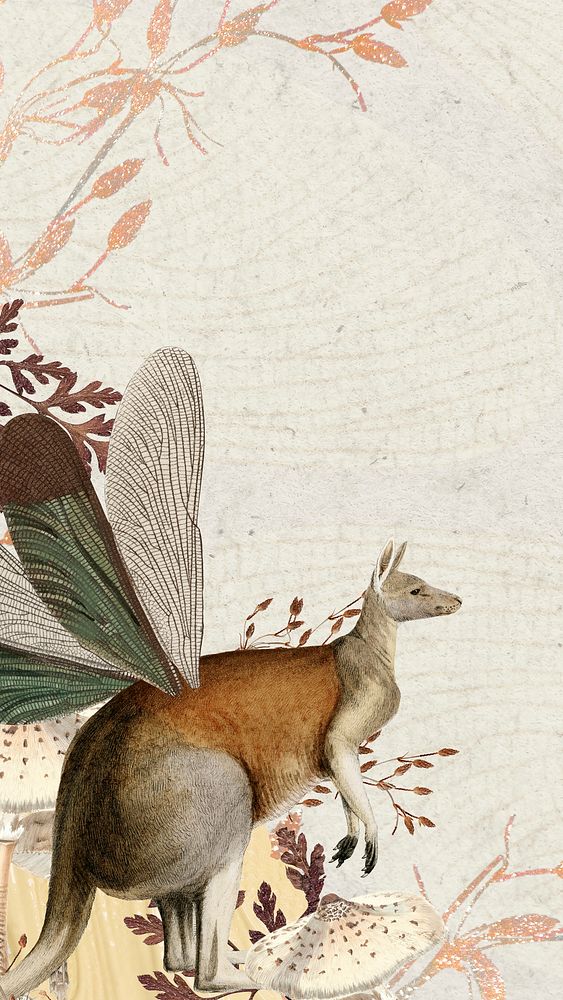 Kangaroo with dragonfly iPhone wallpaper, vintage surreal collage scrapbook artwork background