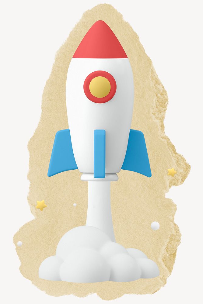 3D rocket, ripped paper collage element 