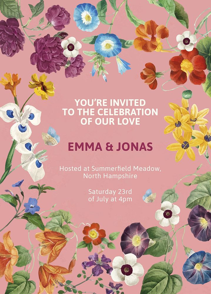 Flower invitation card template, wedding theme design vector, remixed from original artworks by Pierre Joseph Redout&eacute;