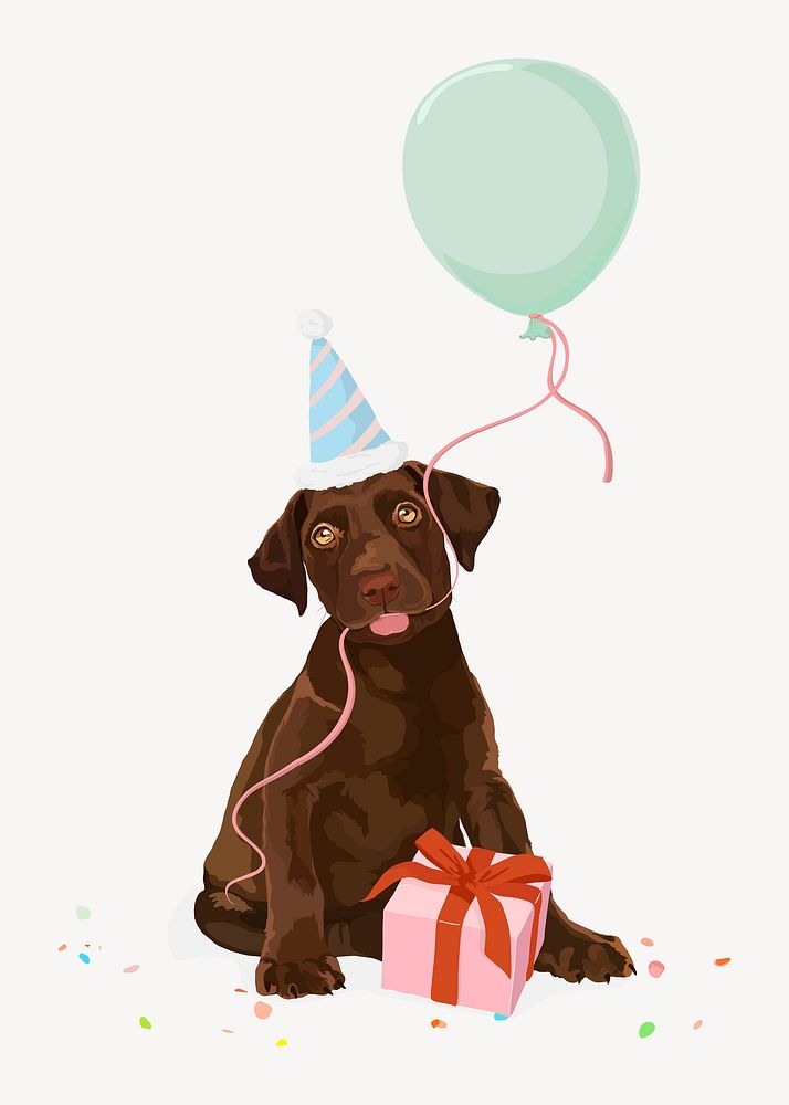 Birthday dog illustration, brown labrador puppy with a gift box psd