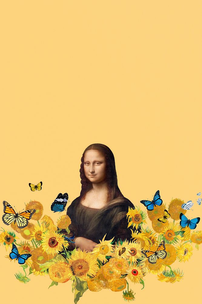 Mona Lisa sunflower border background, famous painting remixed by rawpixel
