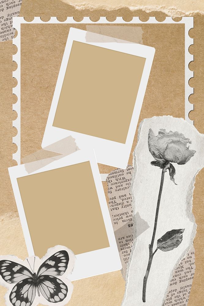 Instant photo frame moodboard mockup, vintage journal collage element design psd