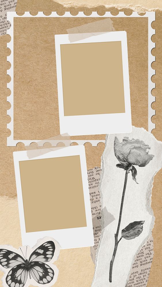 Instant photo frame moodboard mockup, vintage journal collage element design psd 